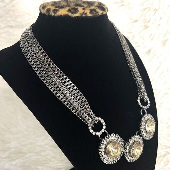 JCPENNEY'S‎ FAUX CITRINE RHINESTONE GLASS SILVER TONE CHOKER LAYERED NECKLACE - Picture 8 of 9